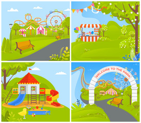 Attractions and carousels at amusement park vector, nature and greenery, trees and tent for selling stuff. Playground with wooden castle for kids, empty park