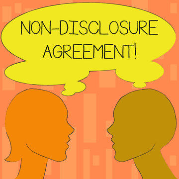 Word writing text Non Disclosure Agreement. Business photo showcasing parties agree not disclose confidential information Silhouette Sideview Profile Image of Man and Woman with Shared Thought Bubble