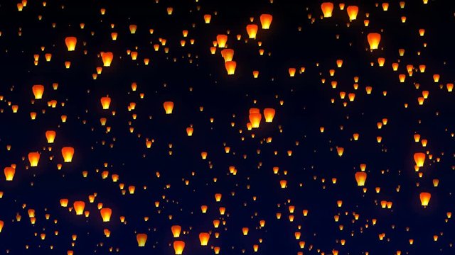 Many flying sky lanterns rising up in the night sky during festival. 3-D Seamless looping animation.