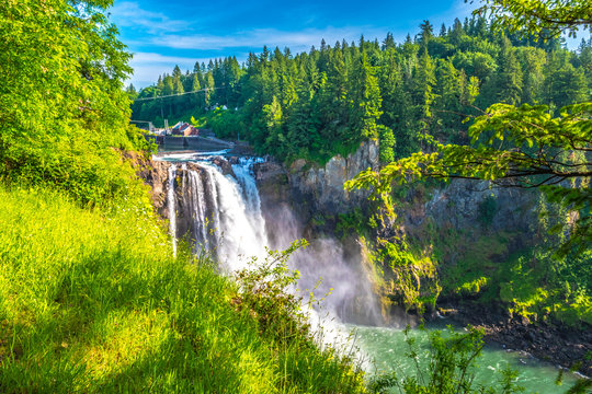 Clear Skies And Double Rainbow Over Snoqualmie Falls In Washington