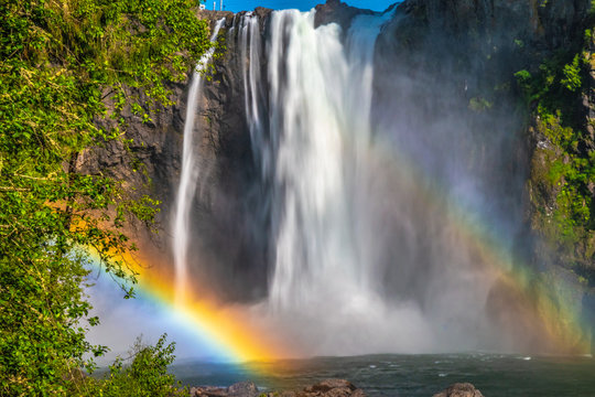 Clear Skies And Double Rainbow Over Snoqualmie Falls In Washington