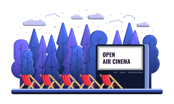 Vector Open Air Cinema flat Illustration With chairs And Night outdoor