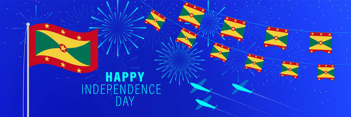 February 7 Grenada Independence Day greeting card. Celebration background with fireworks, flags, flagpole and text.