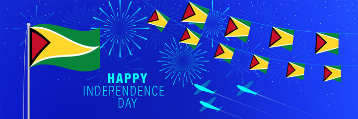 May 26 Guyana Independence Day greeting card. Celebration background with fireworks, flags, flagpole and text.