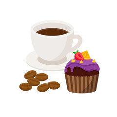 Cup of coffee with coffee beans and cupcake dessert vector illustration isolated on white background.