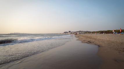 Fototapeta na wymiar Coast on empty beach in Dures, Albania on Adriatic sea, CINEMATIC STEADICAM SHOT