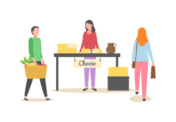 Woman selling dairy products vector, seller with customers holding bags shopping day, person with basket filled with meal and food, cheese production