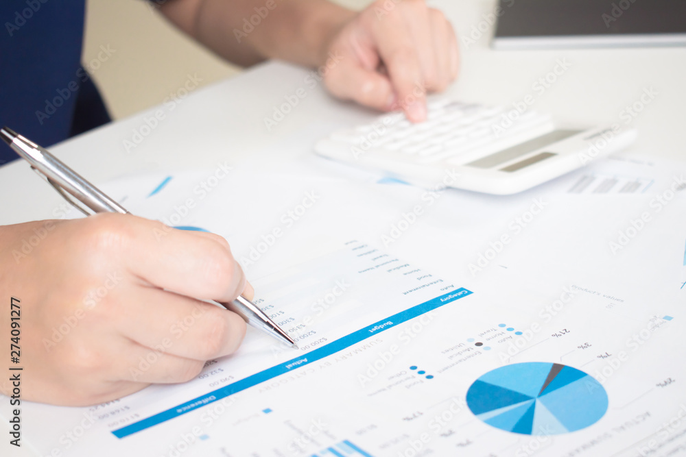 Poster the accountant is checking the work and calculating the expense data in the graph to make money at w