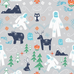Vector folk art running Yeti with winter forest critters and flowers seamless pattern design. Perfect for wallpaper, seasonal scrapbooking, or children's textiles.  - obrazy, fototapety, plakaty