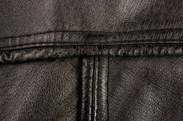 Old vintage genuine soft black leather texture background, top layer with pores and scratches,...