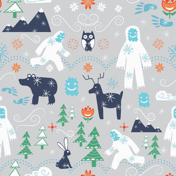 Vector folk art running Yeti with winter forest critters and flowers seamless pattern design. Perfect for wallpaper, seasonal scrapbooking, or children's textiles. 