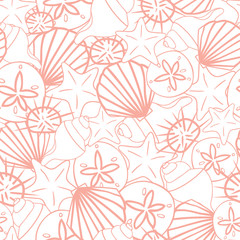 Fototapeta na wymiar Vector light coral pink seashells on white seamless pattern texture background. Perfect for wallpaper, scrapbooking, invitations or textile design.
