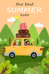 Obraz premium Best summer ever postcard, people traveling by car, side view of auto with bags on roof, family leisure in mountains, green nature, travelers vector