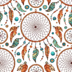 Wall murals Dream catcher Hand drawn boho seamless pattern with indian tribal dream catcher and beads