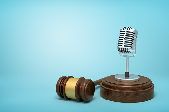 3d rendering of retro vintage microphone on round wooden block and brown wooden gavel on blue background