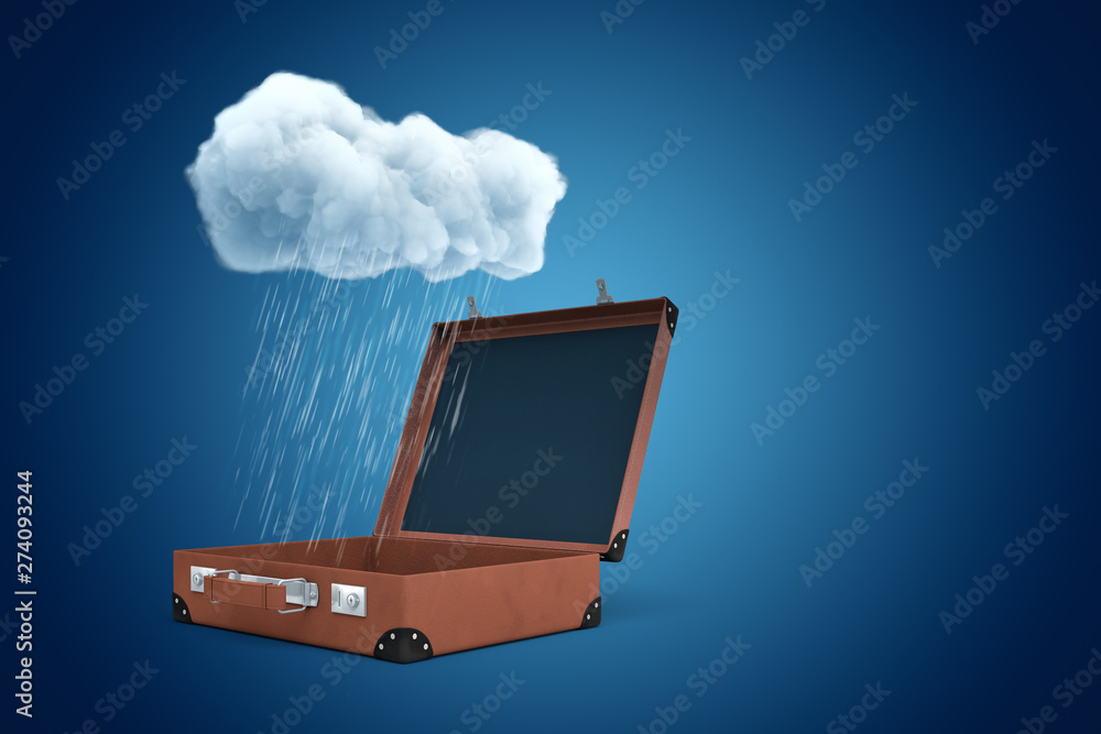 Poster 3d rendering of open empty travelling case under raining cloud on blue gradient background with copy