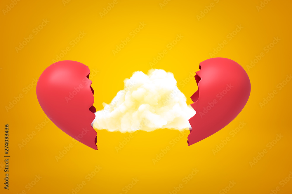 Poster 3d rendering of white cloud between two red broken heart pieces on yellow background