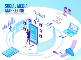 Social media marketing concept, 3d isometric infographic promotion campaign, online digital technology, business people analyze target audience, content plan, seo optimisation vector illustration