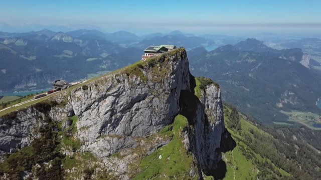 Flight around viewpoint on Schafberg summit in Salzkammergut, Upper Austria.