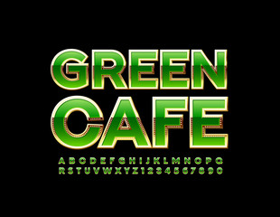 Vector chic logotype Green Cafe with Uppercase Font. Elite Golden Alphabet Letters and Numbers
