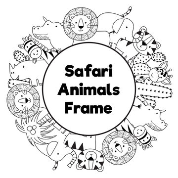 Safari animals black and white circle frame
