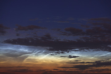 Noctilucent clouds closeup summer night.