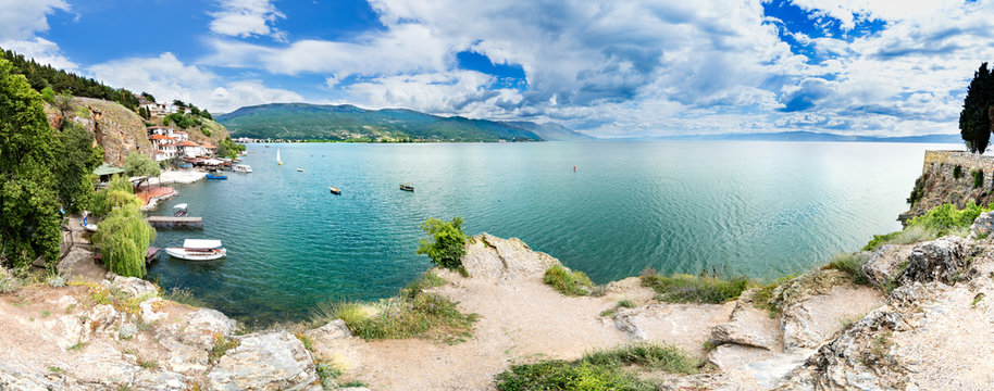 Panorama of Ohrid city and lake Ohrid in a beautiful summer day, Republic of Macedonia