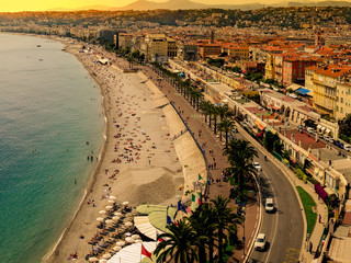 Nice, France - 05 May, 2015: Panoramic view of Nice, Mediterranean resort, Cote d’Azur, France at sunset, Nice is a city located on the French Riviera. Nice is the fifth most populous city in France and the capital of the Alpes-Maritimes
