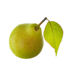 green red pear with fresh green leaf with water drops isolated on white background
