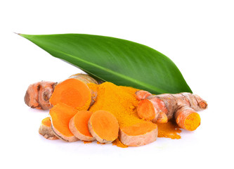 turmeric rhizome and powder on white background