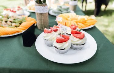 Details of a festival catering: fruits, cupcakes, macaroons and burgers. Sweet table at the feast. Delicious candy bar at the wedding ceremony close up. Catering service plate. Wedding party concept