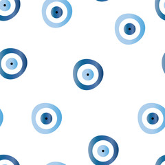 seamless pattern with evil eye in blue and turquoise colors on white background