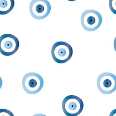 Foto op Plexiglas naadloze patroon met boze oog in blauwe en turquoise kleuren op witte achtergrond © photo_stella
