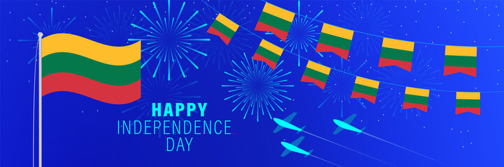 March 11 Lithuania Independence Day greeting card. Celebration background with fireworks, flags, flagpole and text.