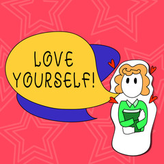 Conceptual hand writing showing Love Yourself. Concept meaning have self respect positive image and unconditional acceptance Girl Holding Book with Hearts Around her and Speech Bubble