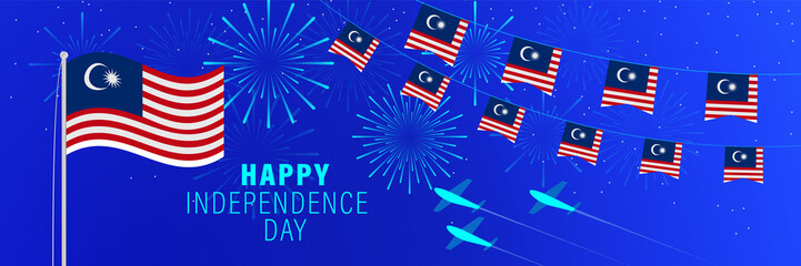 August 31 Malaysia Independence Day greeting card. Celebration background with fireworks, flags, flagpole and text.