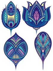 Beautiful collection of vectorpeacock feathers. Stylized, vector peacock feathers