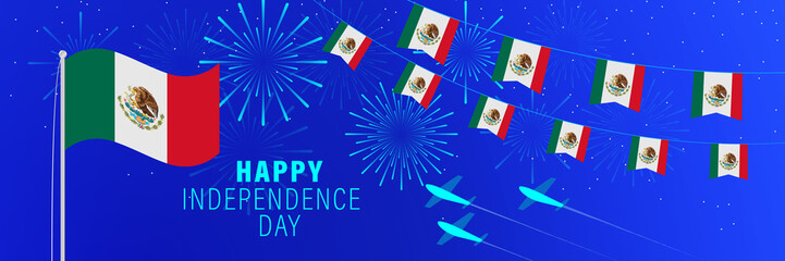 September 16 Mexico Independence Day greeting card. Celebration background with fireworks, flags, flagpole and text.