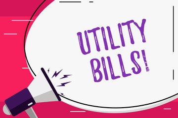 Word writing text Utility Bills. Business photo showcasing amount household expected pay for electricity water each month Blank White Huge Oval Shape Sticker and Megaphone Shouting with Volume Icon