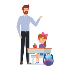 student girl in school desk with male teacher