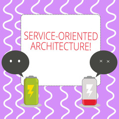 Conceptual hand writing showing Service Oriented Architecture. Concept meaning services communicate with each other Fully Charge and Discharge Battery with Emoji Speech Bubble