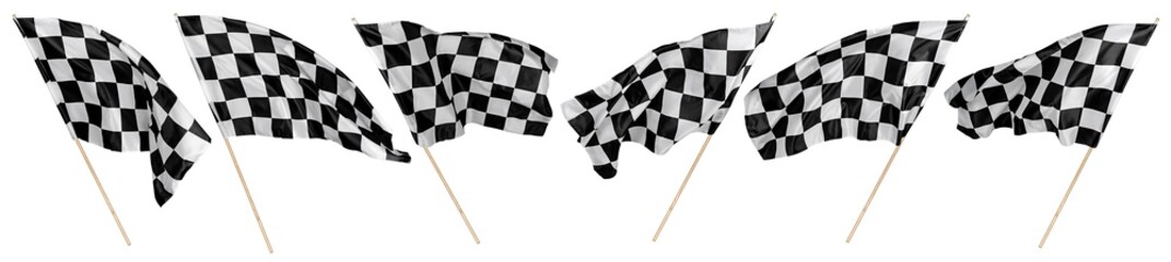 Set collection of waving black white chequered flag wooden stick motorsport sport and racing...