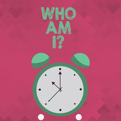 Text sign showing Who Am I Question. Business photo showcasing when asking about your identity and demonstratingality properties Colorful Round Analog Two Bell Alarm Desk Clock with Seconds Hand photo