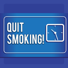 Writing note showing Quit Smoking. Business concept for process of discontinuing tobacco and any other smokers Modern Design of Square Clock on Two Tone Pastel Backdrop