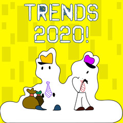 Handwriting text writing Trends 2020. Conceptual photo general direction in which something is developing next year Figure of Two Men Standing with Pouch Bag on White Sticker Style Snow Effect