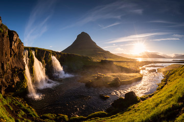 Sunlight and Kirkjufell mountain in Morning, Summer, Iceland.