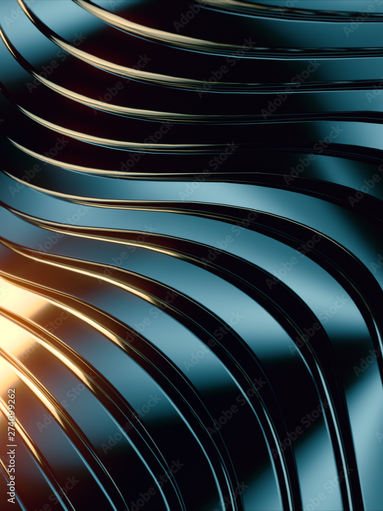 Poster Wave band abstract background. Bright colored reflections on dark metallic surface. 3d rendering