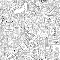 Cats go to school funny seamless pattern. Coloring page for adults and children