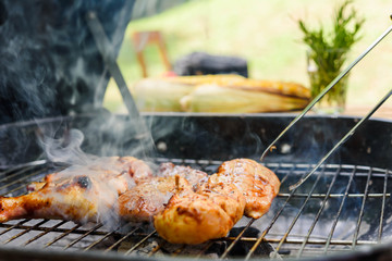 Roasted chicken drum stick, chest and sirloin beef with barbecue sauce on stove