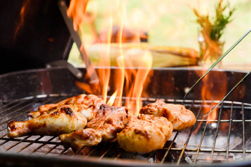 Roasted chicken drum stick, chest and sirloin beef with flame on charcoal stove